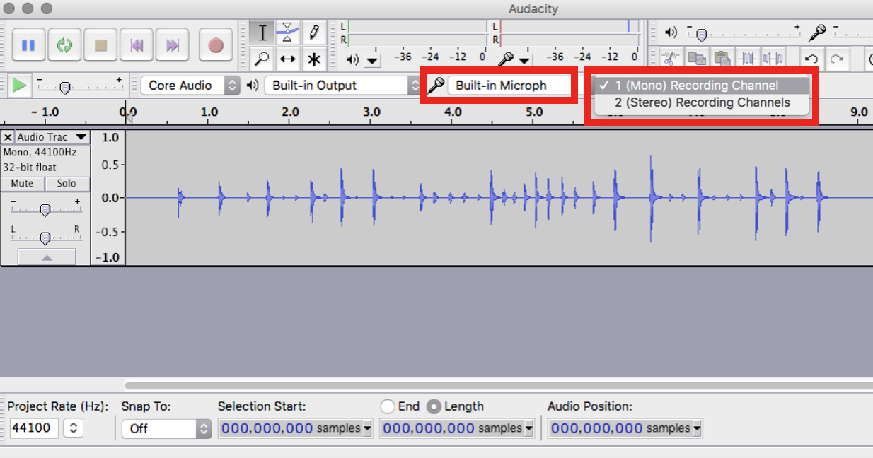 Screenshot of Audacity, highlighting the microphone selector and number of inputs, which are set to 1 (mono).